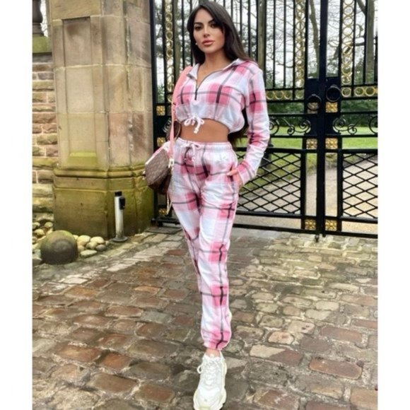 Pink Plaid Long Sleeve Hooded Crop Top and Joggers Jogger Pants Two Piece Set - Picture 3 of 7